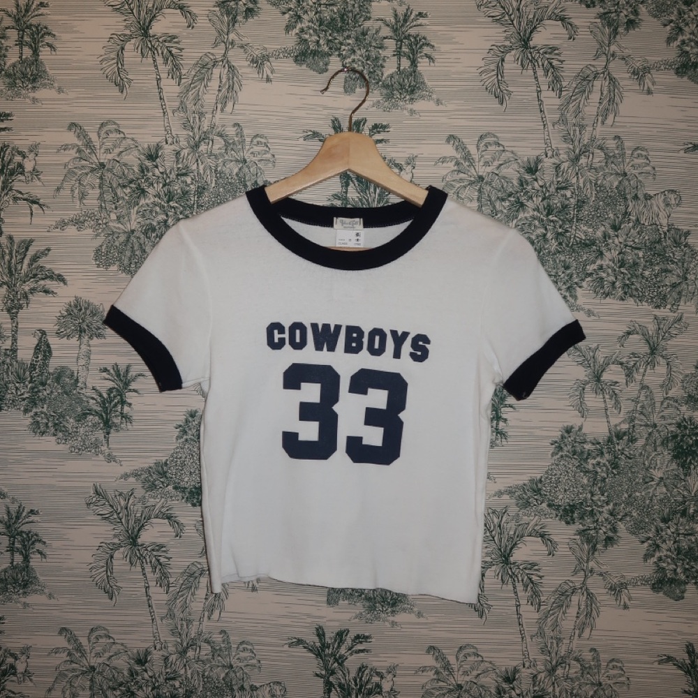 White and Dark Navy Blue Cowboys 33 Ringer Tee NWT